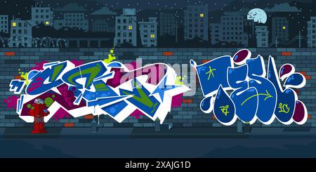 Cool Dark Outdoor Urban Graffiti Wall avec des dessins la nuit sur fond de paysage urbain. Illustration vectorielle Illustration de Vecteur