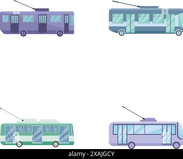 Quatre illustrations vectorielles stylisées différentes de trolleybus urbains écologiques sur un fond blanc Illustration de Vecteur