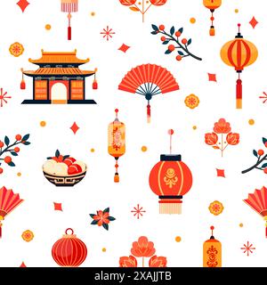 Vector Seamless Pattern Holiday célébration du nouvel an. Temple bouddhiste, lanterne chinoise, branche avec des baies, bol avec de la nourriture nationale, ventilateur, flowe Illustration de Vecteur