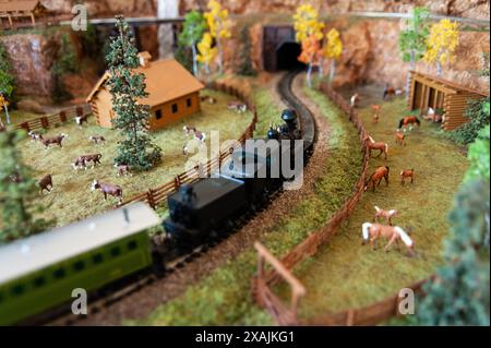 Train miniature détaillé sur un diorama de campagne pittoresque Banque D'Images