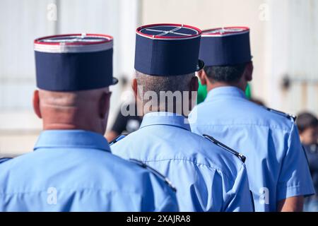 Saint Denis, Réunion - 14 juillet 2016 : défilé des gendarmes pendant la fête de la Bastille. Banque D'Images