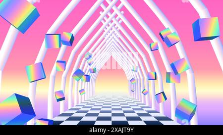 Couloir Vaporwave de piliers avec des formes de cube 3D volantes dans le style des années 00. Fond rétro surréaliste abstrait pour affiche de fête, ou couverture de musique Illustration de Vecteur