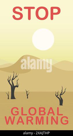Réchauffement climatique, illustration verticale de la journée mondiale de l'environnement. Bannière Journée de la Terre, lutte contre la désertification et la sécheresse. Paysage désertique et illus d'arbres secs Illustration de Vecteur
