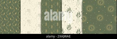 Dessin de ligne femme Witchcraft motif sans couture. Concept plat minimaliste vert de mode esthétique, illustration vectorielle. Joli motif moderne. Vecteur en Illustration de Vecteur