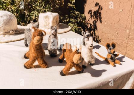 porte-clés en alpaga coloré sur une table avec nappe blanche illuminée de lumière naturelle Banque D'Images