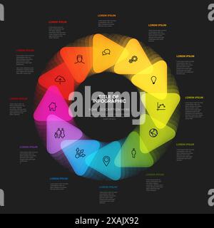 Infographie sombre simple avec douze triangles avec des icônes dans un grand cycle sur fond noir et des éléments de description supplémentaires. Polyvalent année complète Illustration de Vecteur