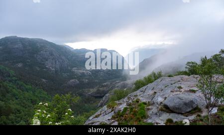 Une vue d'une vallée de montagne brumeuse en Norvège un jour d'été. La vallée est entourée de brouillard, avec les sommets des montagnes environnantes qui s'élèvent à travers les nuages. Preikestolen, Norvège Banque D'Images