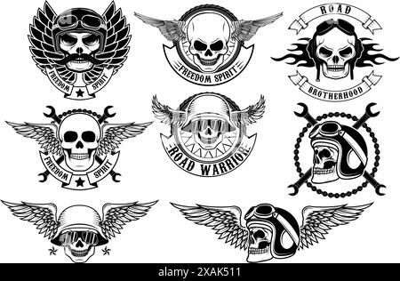 Ensemble de modèles d'étiquettes de club de moto. Crânes dans des casques de moto avec des ailes. Éléments de conception pour logo, étiquette, emblème, signe, badge. Illustration vectorielle Illustration de Vecteur