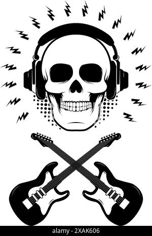 Crâne dans un casque avec deux guitares croisées sur fond grunge. Élément de design pour affiche, t-shirt imprimé, emblème, badge, signe. Illustration de Vecteur