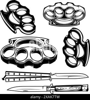 Jeu de couteaux et de porte-fusées en laiton. Illustration vectorielle. Illustration de Vecteur