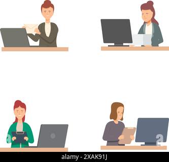Collection de quatre illustrations flatdesign mettant en scène des professionnels travaillant sur des ordinateurs et prenant des notes Illustration de Vecteur