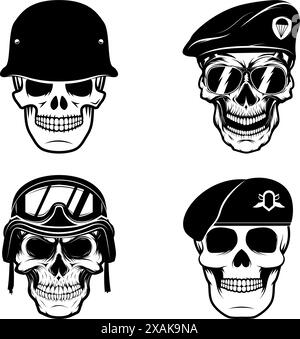 crânes militaires. Crâne en béret parachutiste. Crâne dans le casque de soldat. Élément de conception pour logo, étiquette, emblème, signe, marque, poster, imprimé t-shirt Illustration de Vecteur