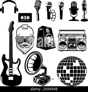 Ensemble d'éléments retro party. Instruments de musique isolé sur fond blanc. Microphones d'icônes. Éléments de conception pour le label, logo, emblème, signe, marque m Illustration de Vecteur