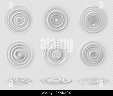 Onduler les cercles d'eau. Vagues concentriques sur l'eau transparente des gouttes qui tombent. Vue de dessus et de côté, ronds les tourbillons sur la surface de la flaque. Ensemble de vecteurs isolé sur la texture aqua. Gouttes de pluie pures, surface humide Illustration de Vecteur
