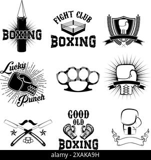 Ensemble des étiquettes, emblèmes et éléments de conception du club de boxe Illustration de Vecteur