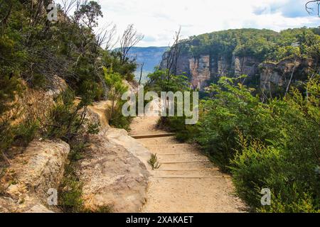 Prince Henry Cliff marchez de Katoomba à la formation rocheuse Three Sisters dans le parc national des Blue Mountains, Nouvelle-Galles du Sud, Australie Banque D'Images