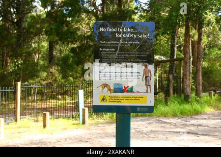 Panneau d'avertissement interdisant la nourriture au lac McKenzie (Boorangoora) en raison des dingos errant autour de l'île Fraser (K'gari) dans le Queensland, en Australie Banque D'Images