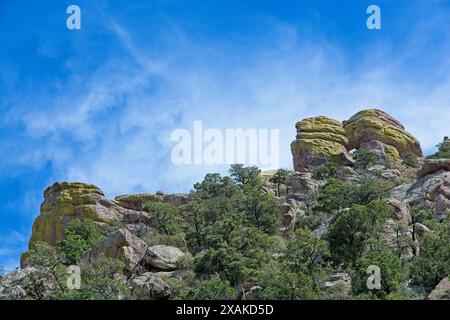 Roche équilibrée recouverte de lichen au sommet des formations de pinacle du monument national de Chiricahua Banque D'Images