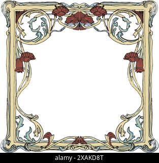 Baroque floral, cadre de style nouveau avec fleurs rouges et vignes, défilement doré et vert, espace copie, art de fond dessiné à la main Illustration de Vecteur