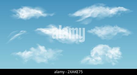 Nuages réalistes. Nuage d'été 3d blanc dans diverses formes sur fond de ciel bleu. Nuages de pluie de vapeur, brouillard de midi opacifiant ensemble de vecteurs isolés Illustration de Vecteur