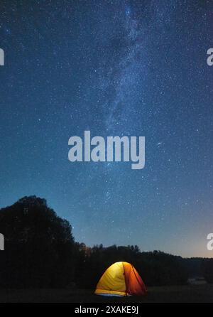 Une superbe photo nocturne représentant une tente jaune brillante de l'intérieur, entourée d'une forêt sombre, la voie lactée et les étoiles scintillant dans le ciel Banque D'Images