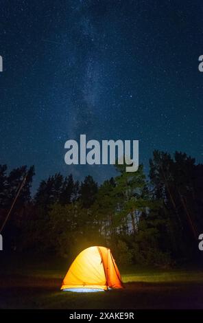 Une superbe photo nocturne représentant une tente jaune brillante de l'intérieur, entourée d'une forêt sombre, la voie lactée et les étoiles scintillant dans le ciel Banque D'Images