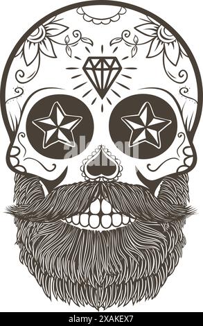 Crâne de sucre avec cheveux et barbe. Le jour des morts. Le modèle pour l'impression sur T-shirts. Illustration vectorielle. Illustration de Vecteur