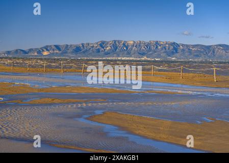 La plage de Barra del Trabucador partiellement inondée par un vent fort en hiver dans le delta de l'Èbre (Tarragone, Catalogne, Espagne) Banque D'Images