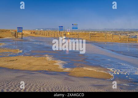 La plage de Barra del Trabucador partiellement inondée par un vent fort en hiver dans le delta de l'Èbre (Tarragone, Catalogne, Espagne) Banque D'Images