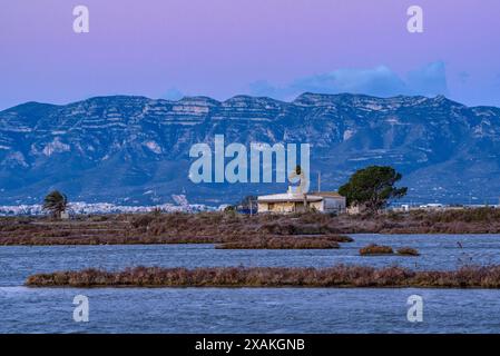 La chaîne de montagnes Montsià au lever du soleil vue depuis Barra del Trabucador, dans le delta de l'Èbre (Tarragone, Catalogne, Espagne) Banque D'Images