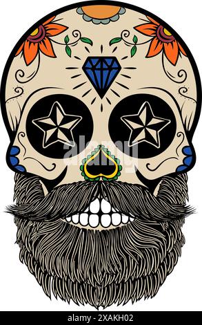 Crâne de sucre avec cheveux et barbe. Le jour des morts. Le modèle pour l'impression sur T-shirts. Illustration vectorielle. Illustration de Vecteur