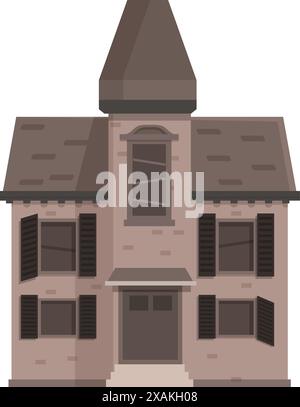 Vieille maison de briques abandonnée avec des fenêtres boisées et un toit fatigué tombe en délabrement Illustration de Vecteur