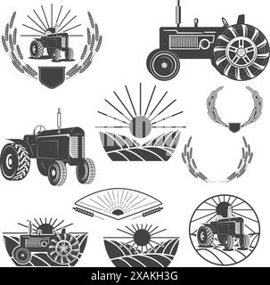 Ensemble de modèles de logo d'entreprise agricole et d'éléments de conception. couronne de blé, tracteur, ramassage de fermiers. Eléments de conception dans le vecteur. Illustration de Vecteur