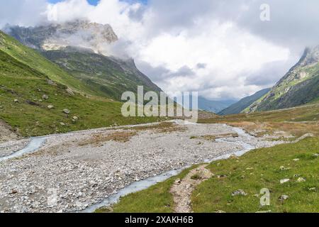 Europe, Autriche, Verwall, Tyrol, Anton am Arlberg, Fasultal, Fasulbach serpente à travers la verdoyante vallée de Fasultal Banque D'Images