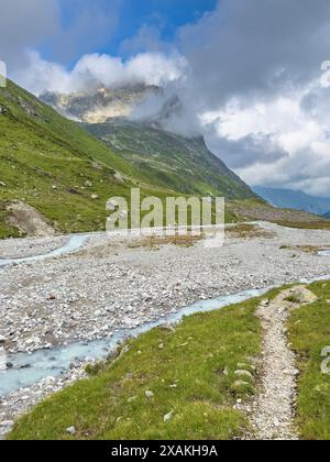 Europe, Autriche, Verwall, Tyrol, Anton am Arlberg, Fasultal, Fasulbach serpente à travers la verdoyante vallée de Fasultal Banque D'Images