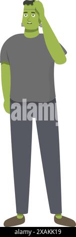 Monstre humanoïde vert grattant son front cousu, perplexe et profond dans la pensée Illustration de Vecteur