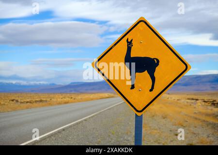 Panneau routier, attention guanacos, El Calafate, El Chalten, Patagonie, Argentine Banque D'Images