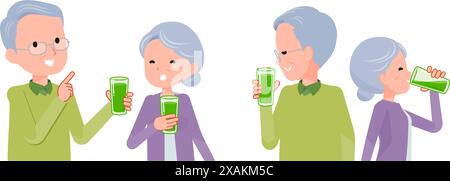 Couple de personnes âgées buvant du jus vert. Une scène d'eux bavardant et relaxant. Illustration de Vecteur