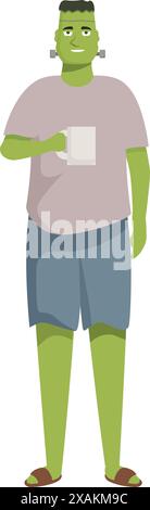 Monstre vert frankenstein tenant une tasse blanche et souriant Illustration de Vecteur