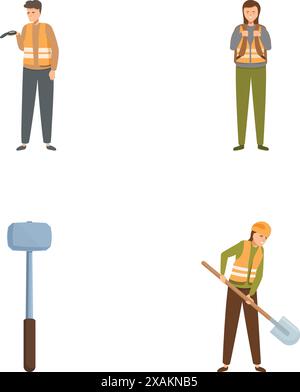 Illustrations de personnes équipées pour une fouille archéologique et des outils de fouille Illustration de Vecteur