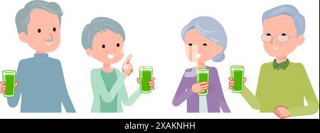 Hommes et femmes seniors discutant tout en tenant du jus vert Illustration de Vecteur