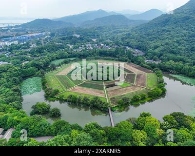 Hangzhou, Chine. 07 juin 2024. Une photo aérienne montre des champs de huit trigrammes en forme de huit trigrammes sur la montagne Yuhuangshan à Hangzhou, en Chine, le 6 juin 2024. Huit cultures différentes poussent sur des champs de huit trigrammes. Huit cultures montrent huit couleurs différentes tout au long de l'année. Dans le champ de huit trigrammes, il y a un monticule rond, qui est un diagramme demi-yin et demi-yang du Taiji. (Photo de Costfoto/NurPhoto) crédit : NurPhoto SRL/Alamy Live News Banque D'Images