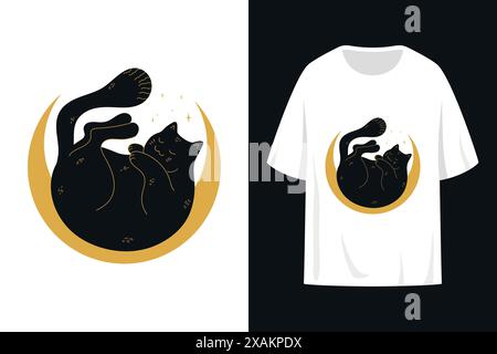 T-shirt imprimé design avec chat noir endormi est couché sur un croissant enroulé. Illustration vectorielle Illustration de Vecteur
