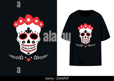 Motif imprimé t-shirt avec crâne en sucre dans une couronne de fleurs rouges. Logo décoré de l'emblème du crâne. Illustration vectorielle Illustration de Vecteur