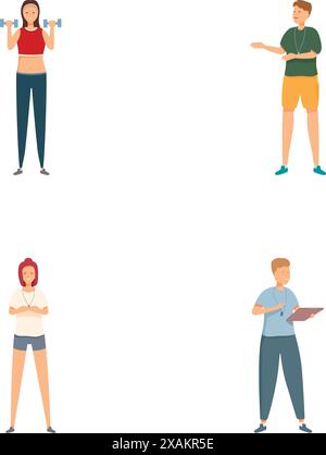 Illustrations vectorielles de quatre personnes impliquées dans diverses tâches, l'exercice, l'explication, le mécontentement et la prise de notes Illustration de Vecteur
