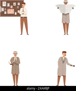 Collection de détectives de dessins animés avec une variété de poses et d'actions d'enquête Illustration de Vecteur