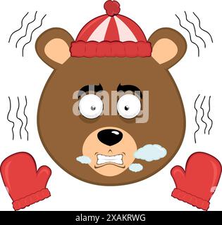 illustration vectorielle visage ours brun grizzly dessin animé frissonnant froid, portant des gants et un chapeau d'hiver, avec de la vapeur de souffle dans sa bouche Illustration de Vecteur