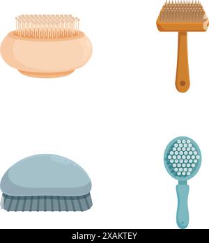 Ensemble de quatre brosses à cheveux et peignes différents pour le toilettage, isolé sur blanc Illustration de Vecteur