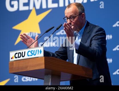 Munich, Allemagne. 07 juin 2024. Friedrich Merz, président fédéral de la CDU, participe au rassemblement final de la CDU et de la CSU pour les élections européennes au Löwenbräukeller. Crédit : Sven Hoppe/dpa/Alamy Live News Banque D'Images