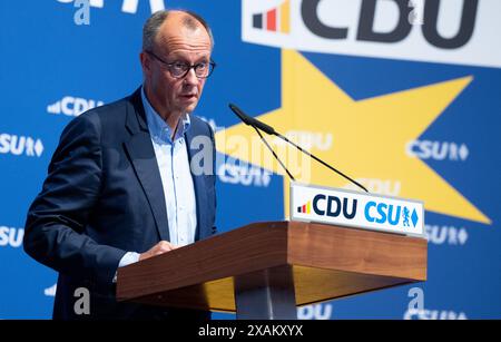 Munich, Allemagne. 07 juin 2024. Friedrich Merz, président fédéral de la CDU, participe au rassemblement final de la CDU et de la CSU pour les élections européennes au Löwenbräukeller. Crédit : Sven Hoppe/dpa/Alamy Live News Banque D'Images